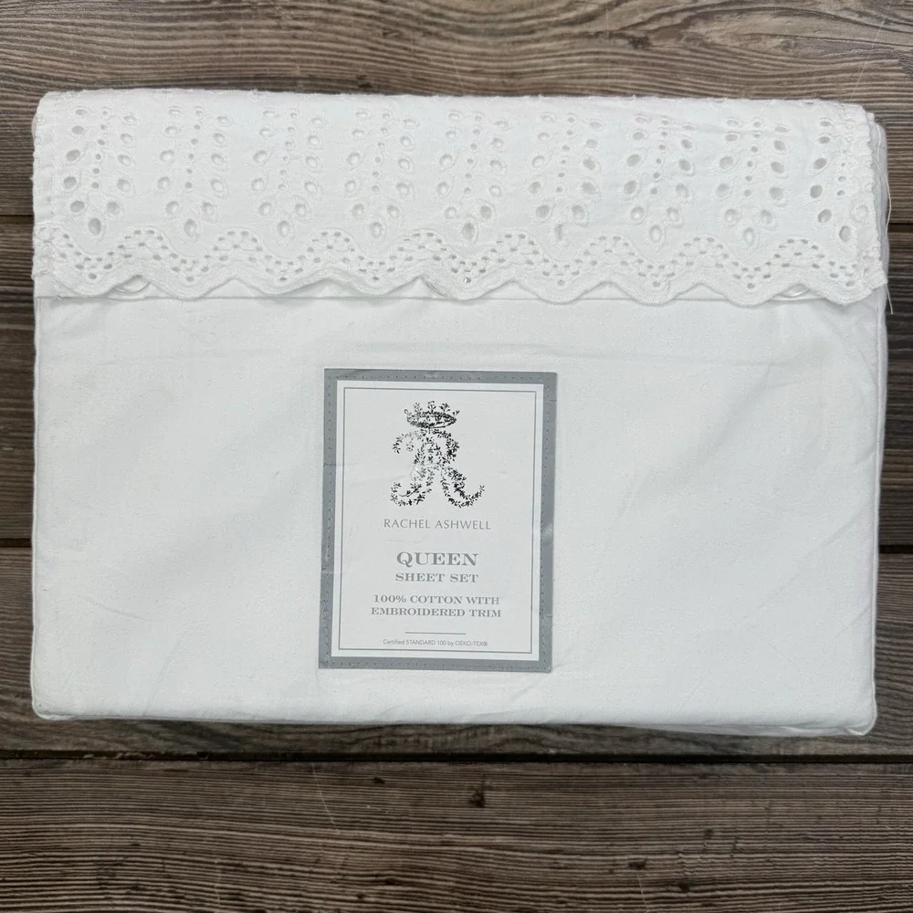 Rachel Ashwell Embroidered Eyelet Hem QUEEN Sheet Set White 100% Cotton NEW